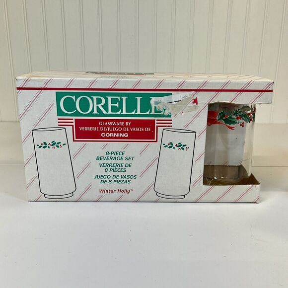 Vtg Corelle Corning Winter Holly Holiday 16oz Drinking Glasses 8 Pack New in Box - Picture 1 of 6